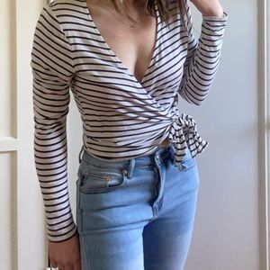 Striped long sleeve wrap top